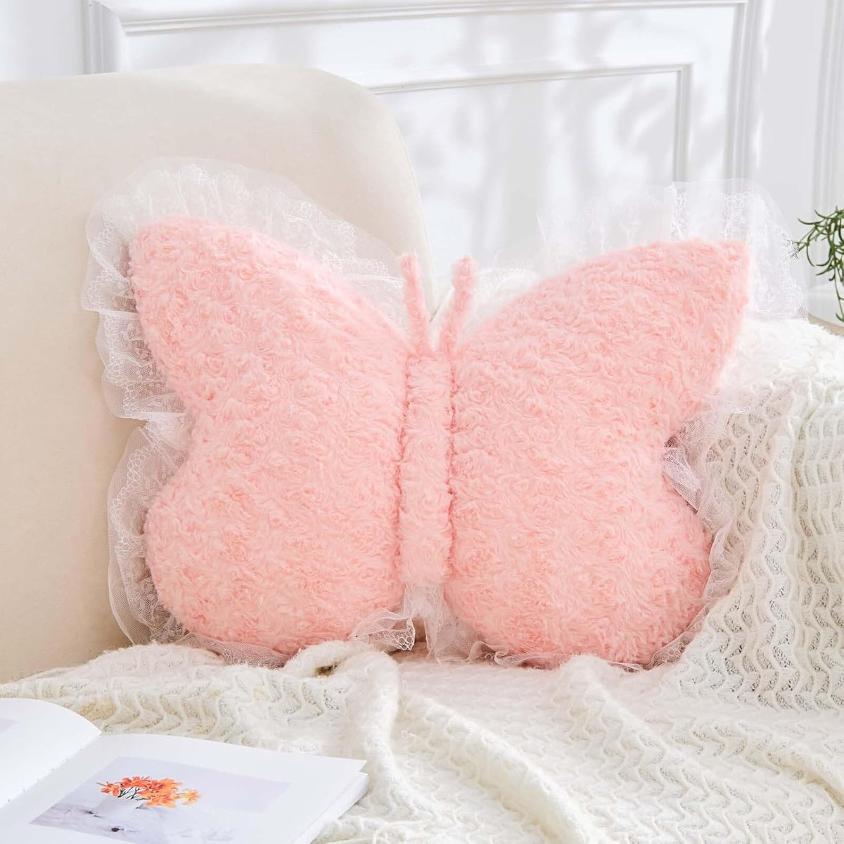 XVTRU Butterfly Pillow Decorative Pillows for Bed 15" Pink Cute Pillow