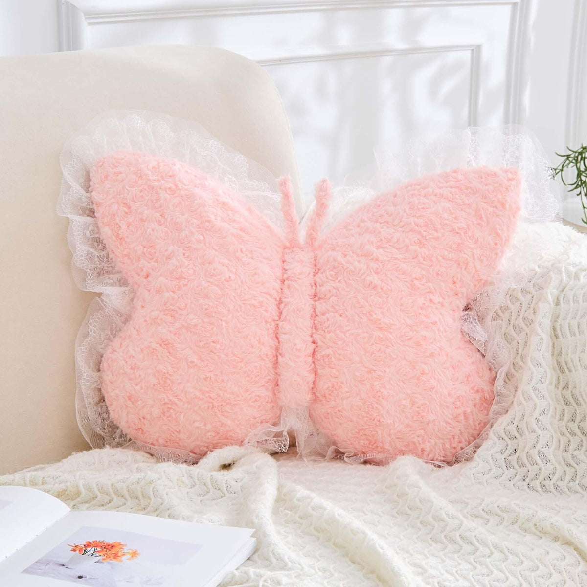 XVTRU Butterfly Pillow Decorative Pillows for Bed 15" White Cute Pillow
