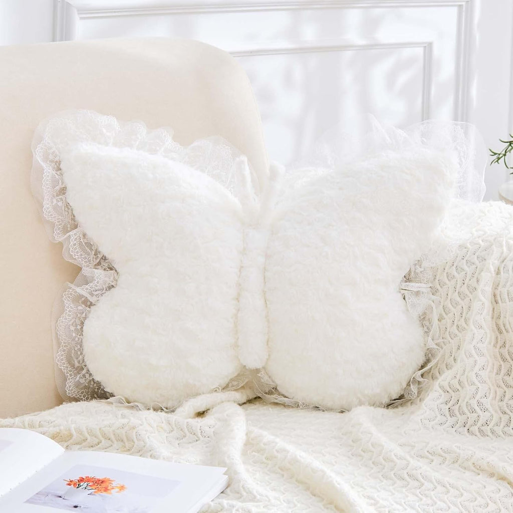 XVTRU Butterfly Pillow Decorative Pillows for Bed 15" White Cute Pillow