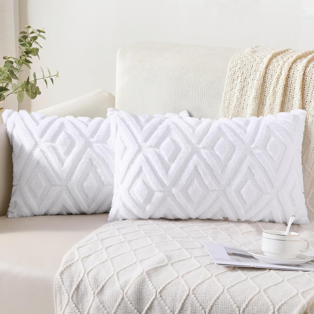 Pallene Fall Cream White Faux Fur Throw Pillow Covers 18x18 Set of 2