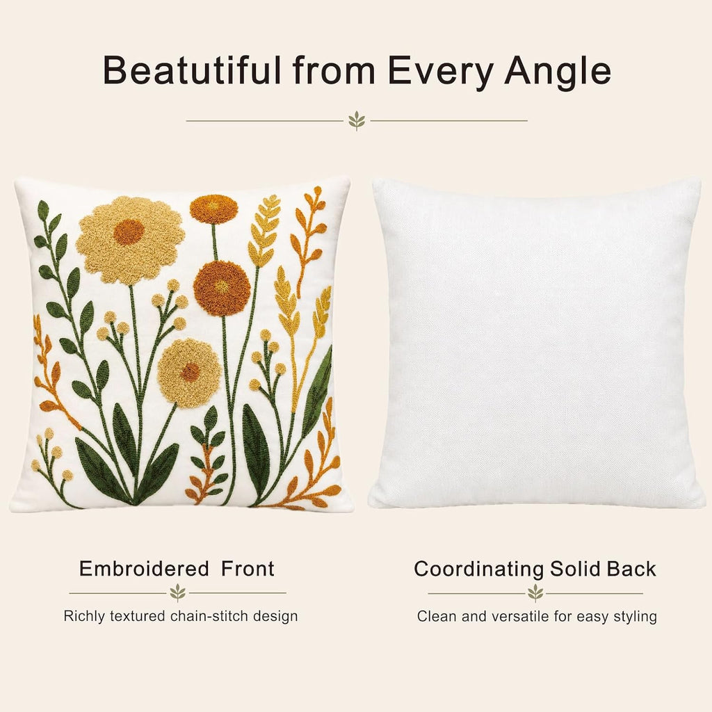Embroidered Floral Throw Pillow Cover, 18x18 Inch Decorative Pillowcase