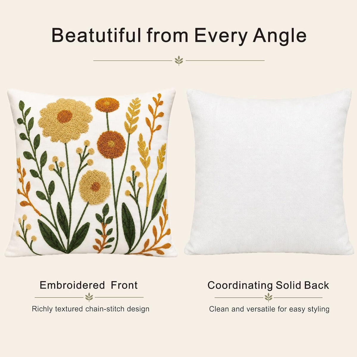 Embroidered Floral Throw Pillow Cover, 18x18 Inch Decorative Pillowcase