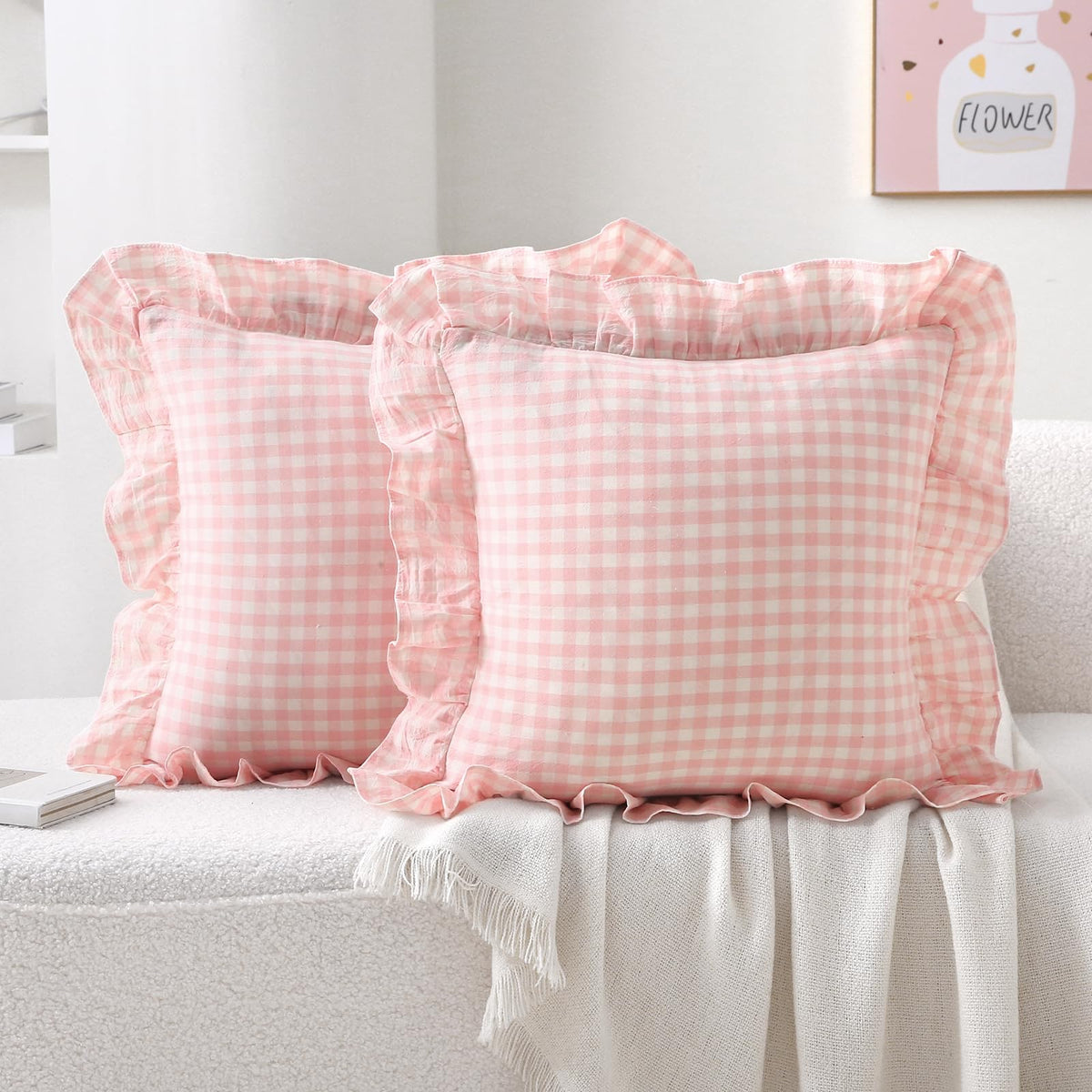 2 Pack Taupe White Gingham Ruffle Throw Pillow Covers 18''x18''