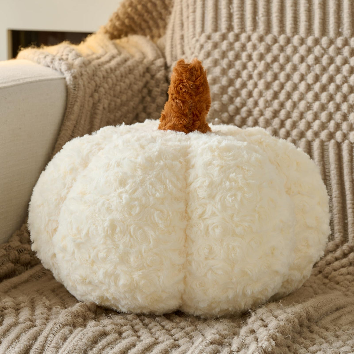Pumpkin Pillow, Fall Decorative Pillows for Couch, Pumpkin Plush Throw Pillows for Bed (White, 8.6 Inches)
