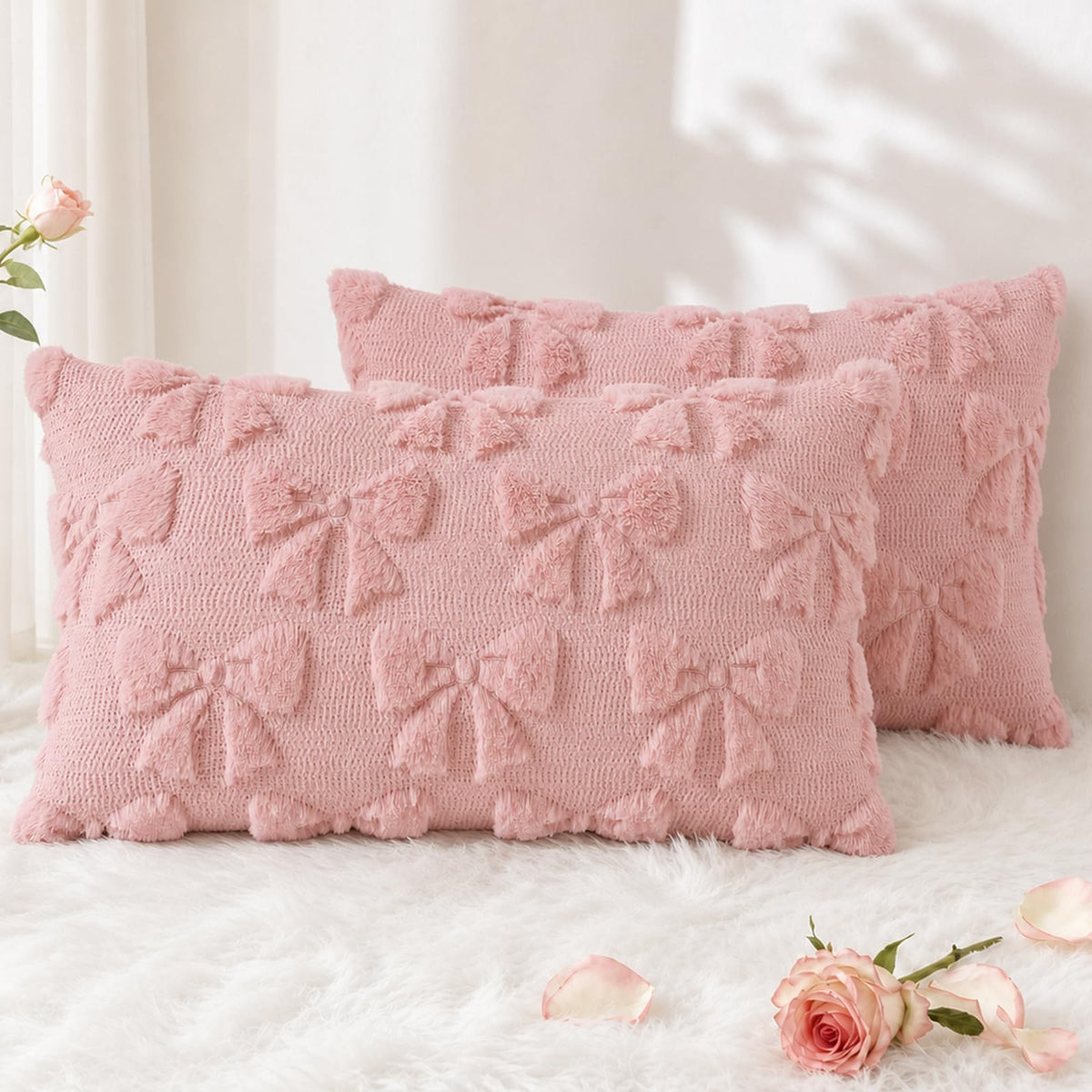decorUhome Beige Bow Cute Girl Faux Fur Throw Pillow Covers 18x18 Set of 2