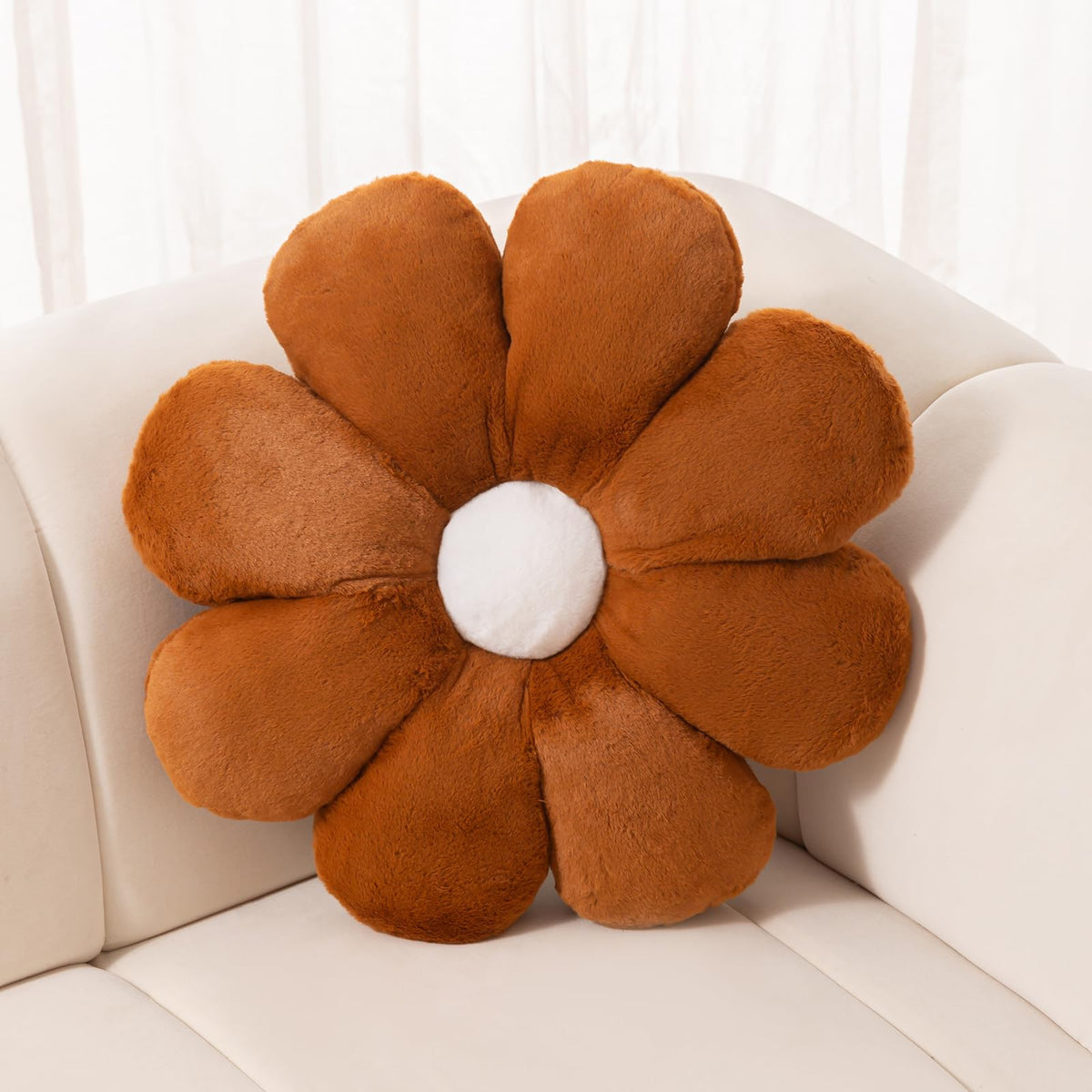 FIONOUT Beige Daisy Flower Pillow, Plush Throw Cushion, 17.7 Inch