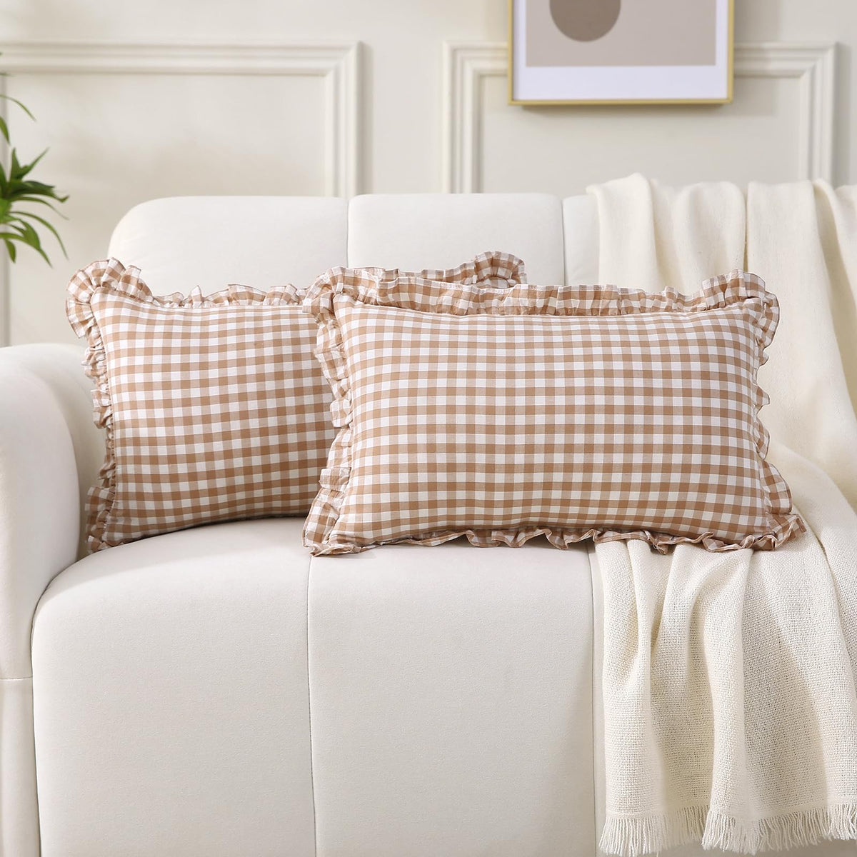 2 Pack Taupe White Gingham Ruffle Throw Pillow Covers 18''x18''