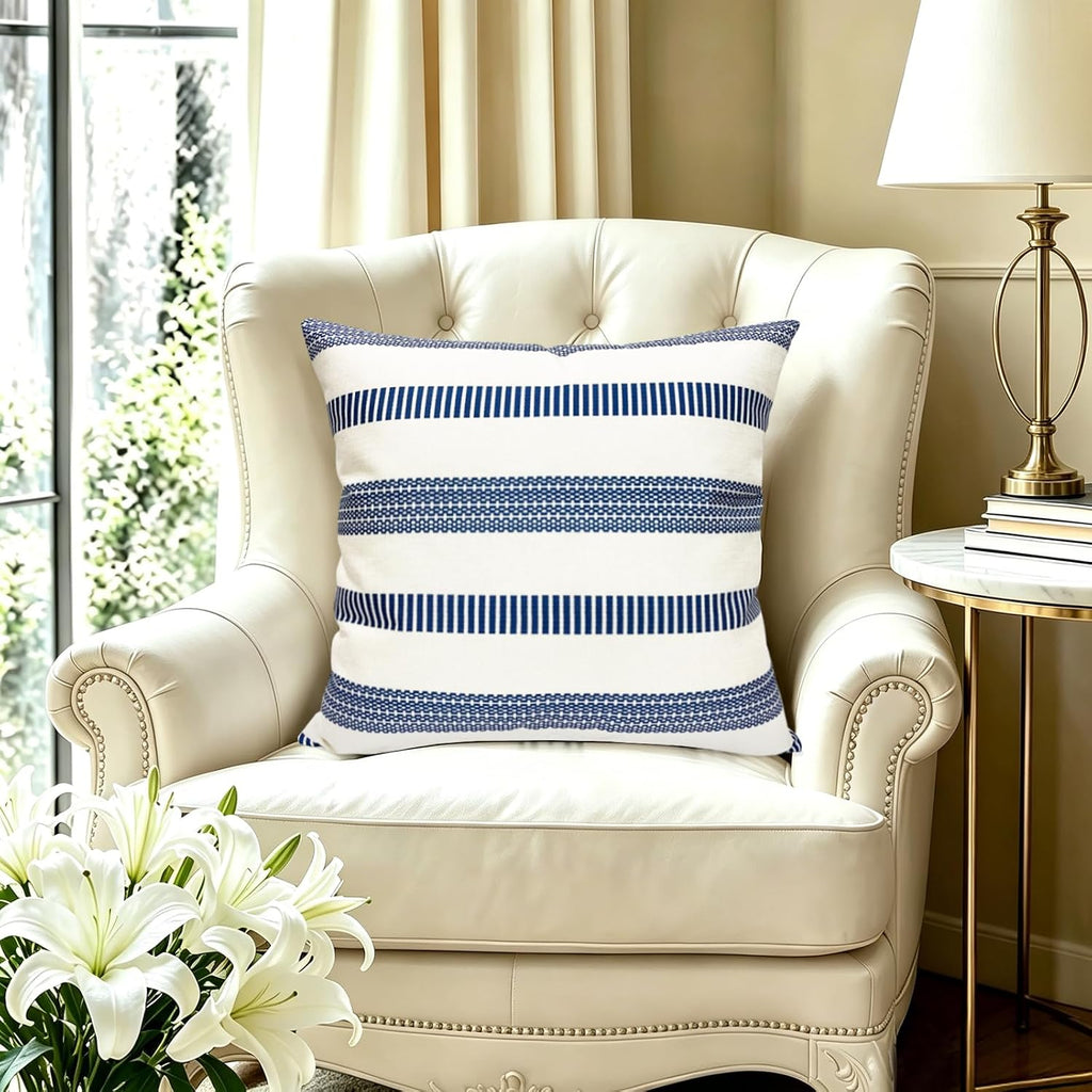 Farmhouse Boho Striped Throw Pillow Covers 18x18 inch Set of 2 Navy Blue