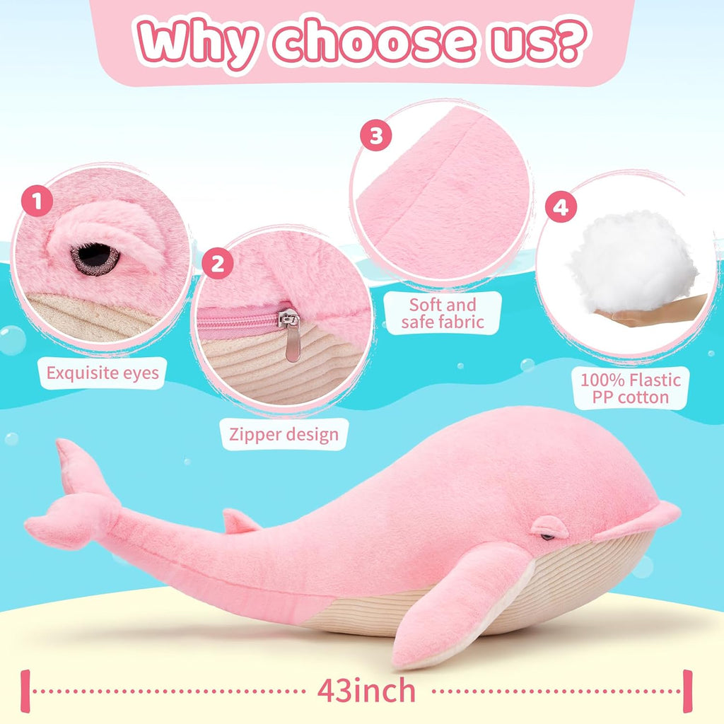 Tezituor 43" Pink Whale Stuffed Animal, Giant Whale Plush Pillow for Girls