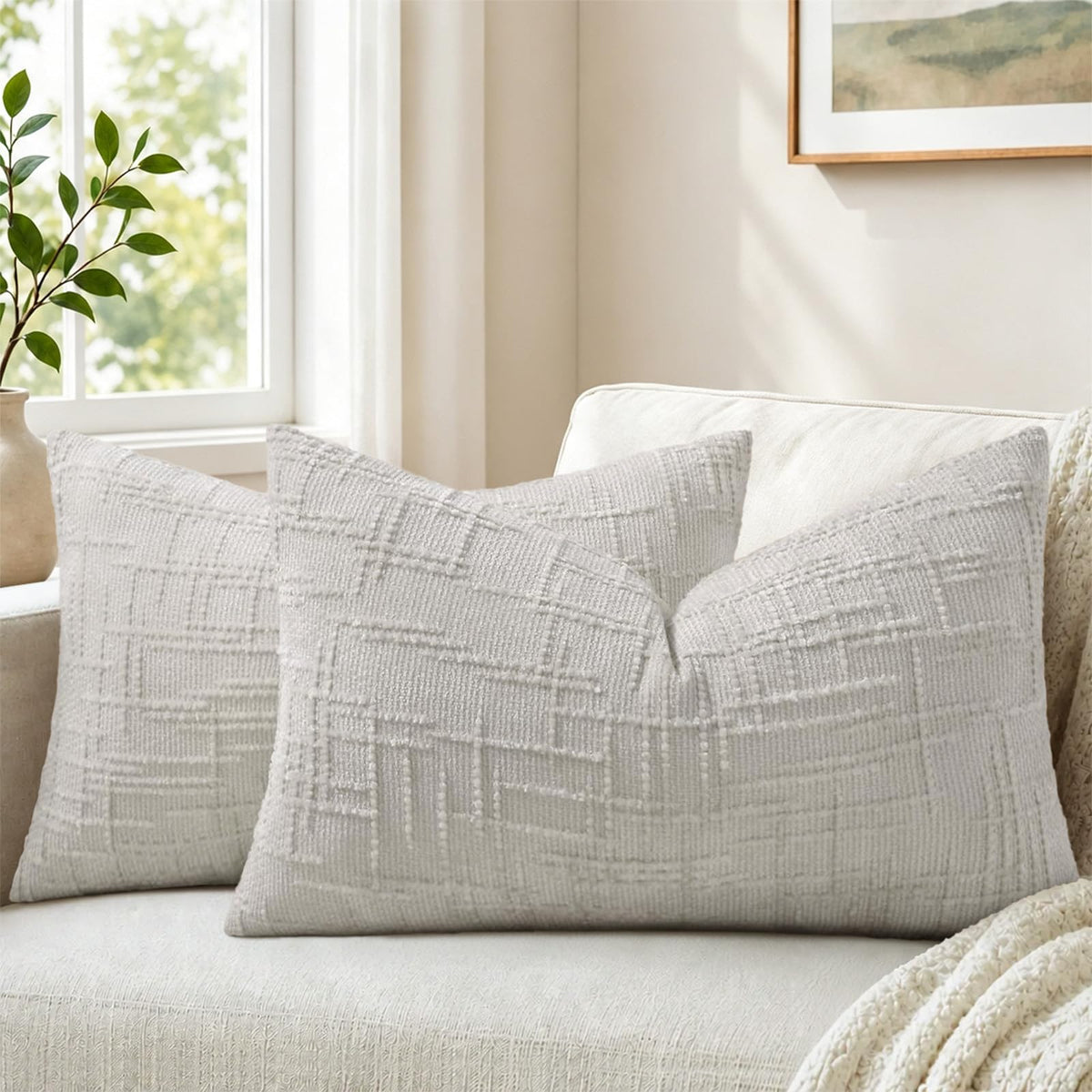 Pallene Cream White Textured Chenille Throw Pillow Covers 18x18 Set of 2