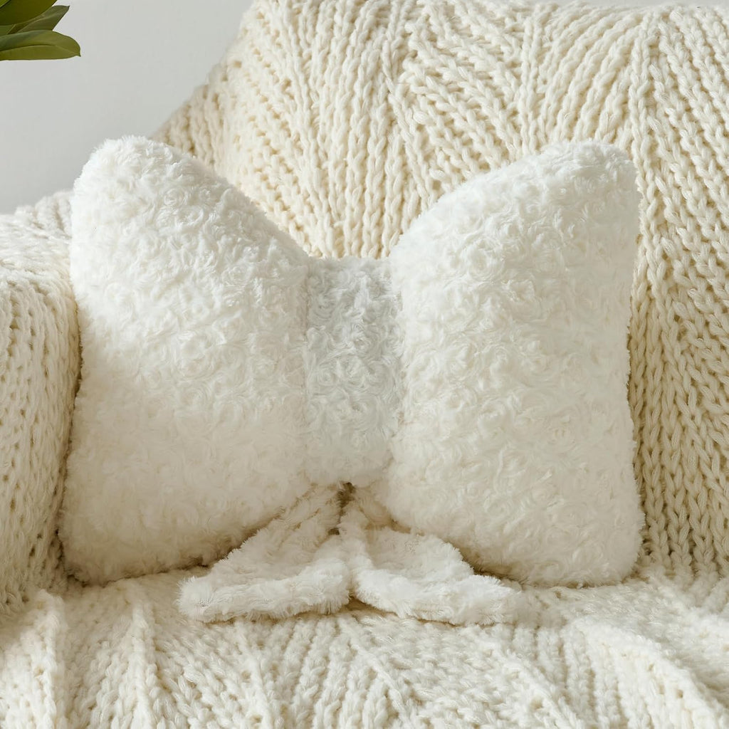 Bow Pillow, Decorative Throw Pillows Soft Plush (White, Small-12 Inches)