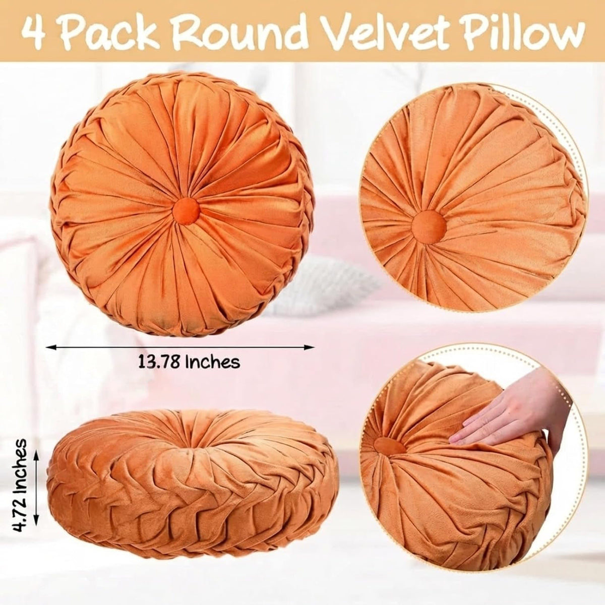 Kathfly 4 Pcs Round Throw Pillows Velvet Pleated Pillows, Vintage Colors