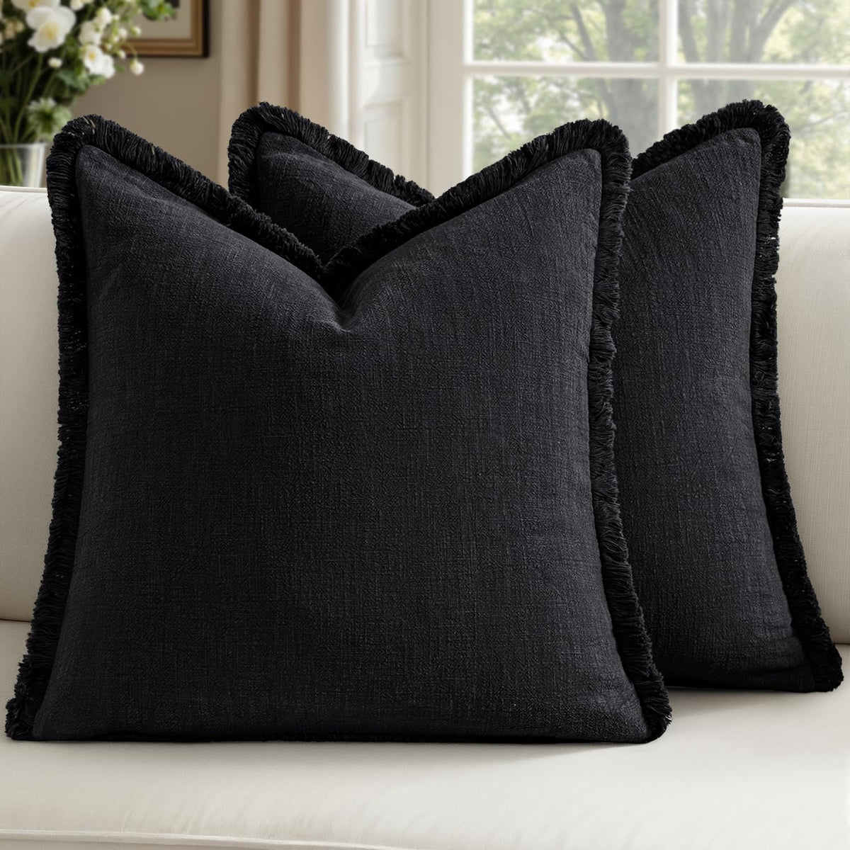 Linen Fringe Throw Pillow Covers 20x20 Inch Set of 2,Navy Blue