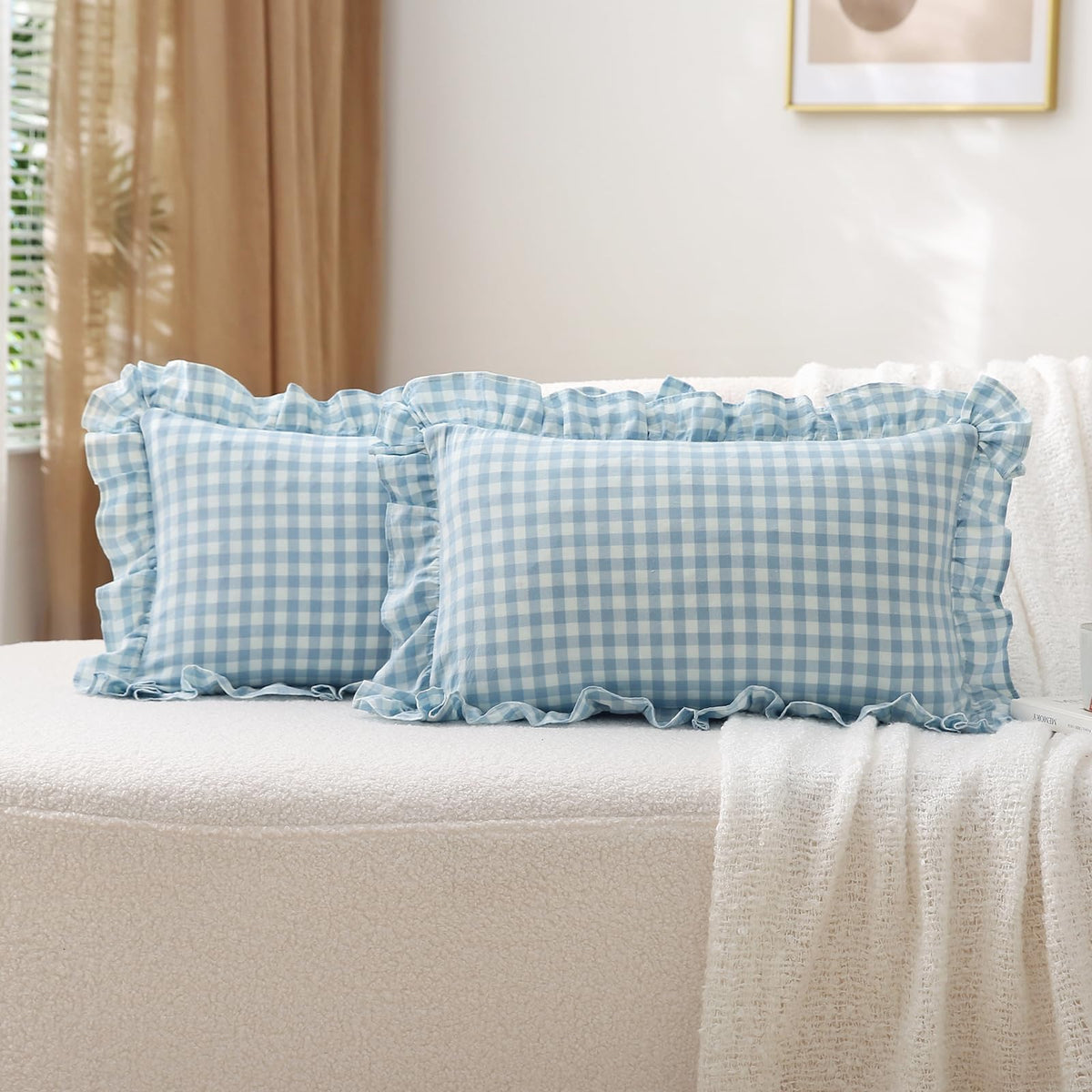 2 Pack Taupe White Gingham Ruffle Throw Pillow Covers 18''x18''