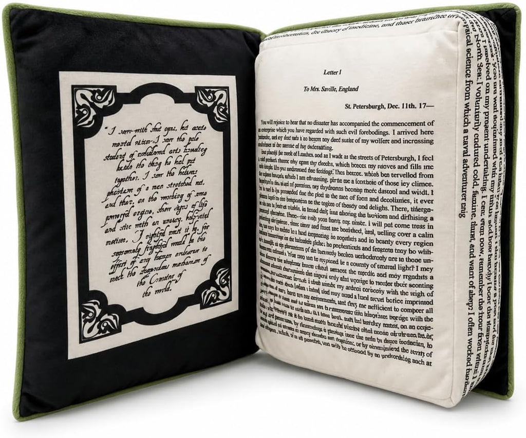 Frankenstein Book Pillow, 9-Inch Openable Memory Foam Throw Pillow, Book-Shaped Plush Cushion with Printed Page, Gothic Halloween Decor for Couch, Bed and Bookshelf, Gift for Horror Fans