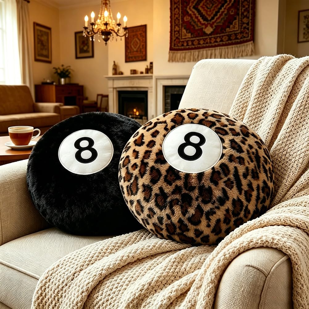 Black 8 Ball Pillow,14 inch 8 Ball Throw Pillow Soft Faux Fur Round Decorative Cushion Hugging Pillow for Home Bed, Sofa, Couch, Bedroom & Living Room