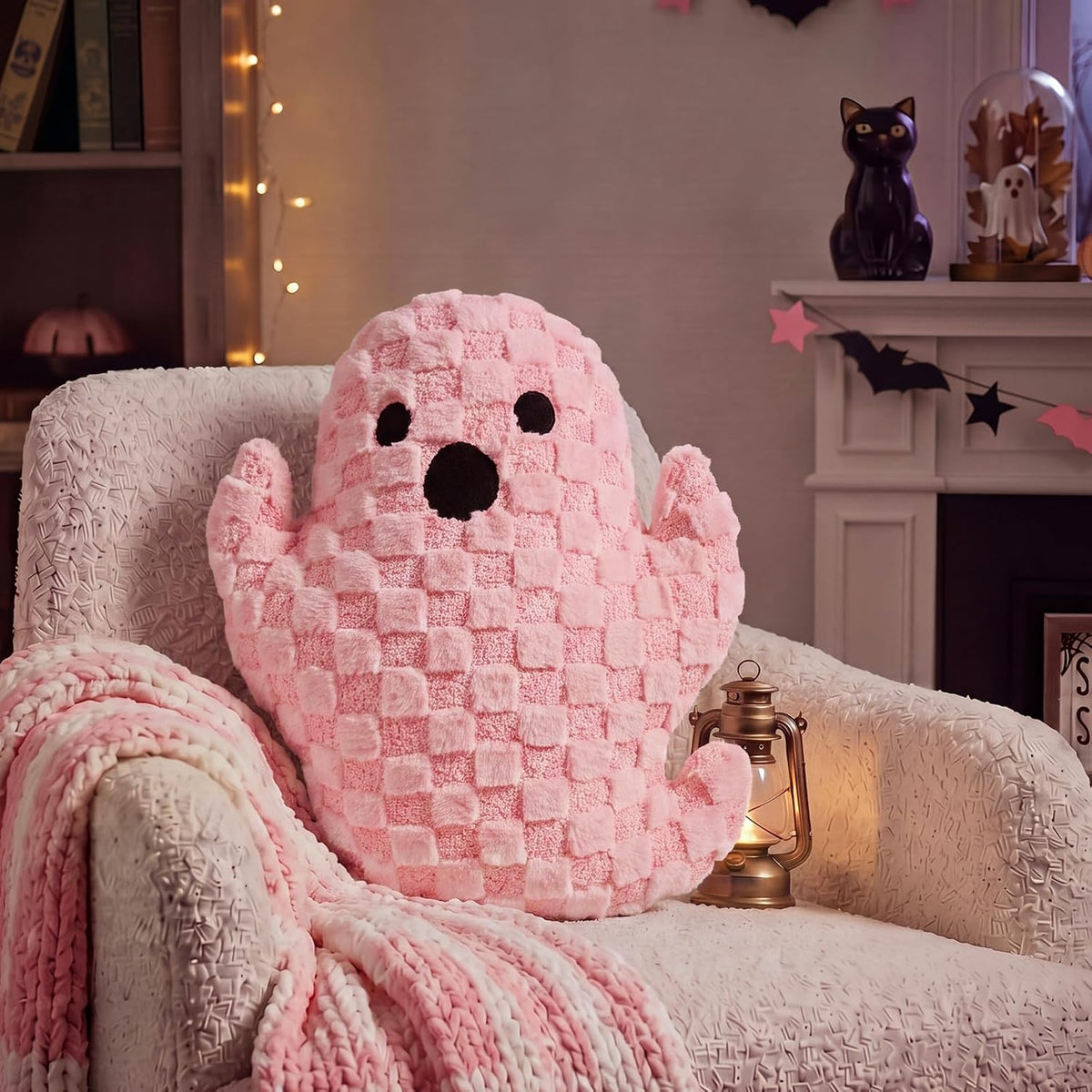 Bucherry Pink Halloween Ghost Throw Pillow Cute Plush Checkered Decor