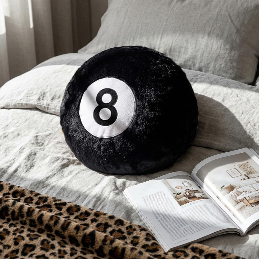 Black 8 Ball Pillow,14 inch 8 Ball Throw Pillow Soft Faux Fur Round Decorative Cushion Hugging Pillow for Home Bed, Sofa, Couch, Bedroom & Living Room