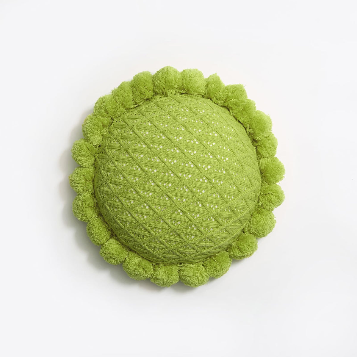 Boho Round Throw Pillow with Cute Handmade Pom Poms Tassels 18 Inch, Decorative Circular Knitted Crochet Cushion for Couch, Sofa, Chair, Bed, Beige