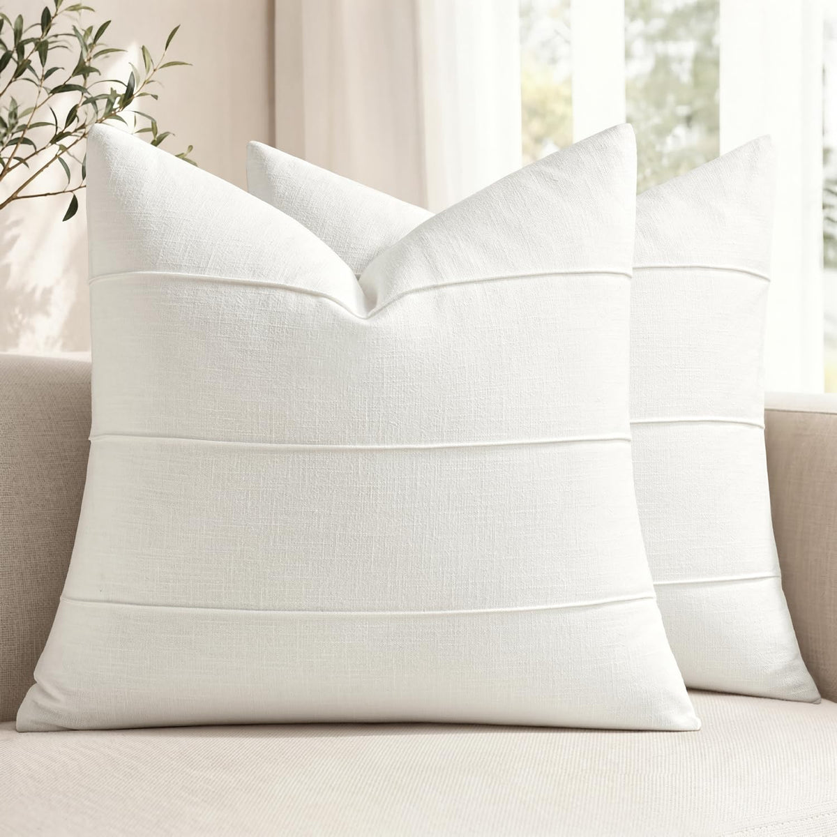 MIULEE Decorative Linen Throw Pillow Covers 18x18 Natural Beige Striped