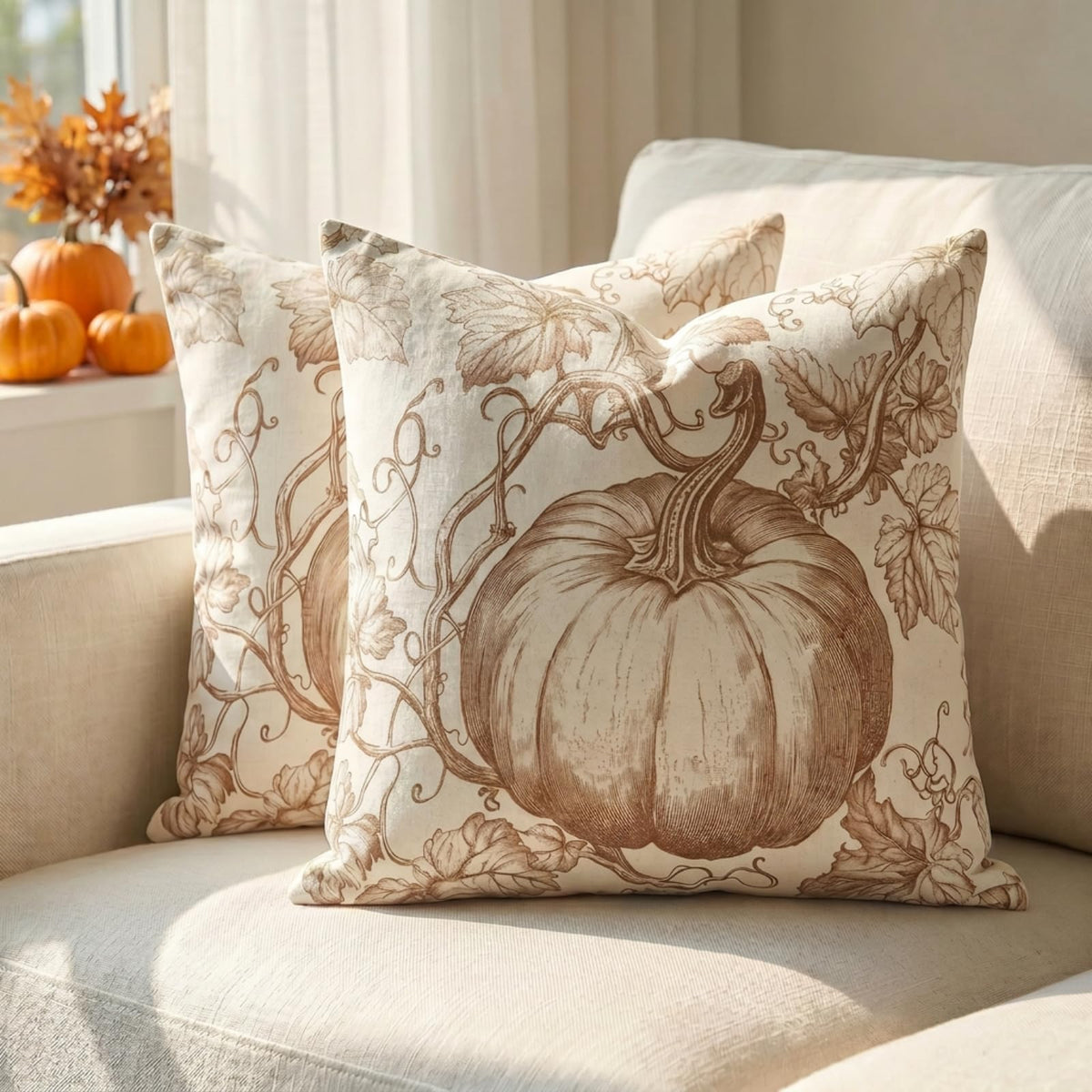 GEEORY Fall Pumpkin Throw Pillow Covers Set of 2, Navy Blue Toile 18x18