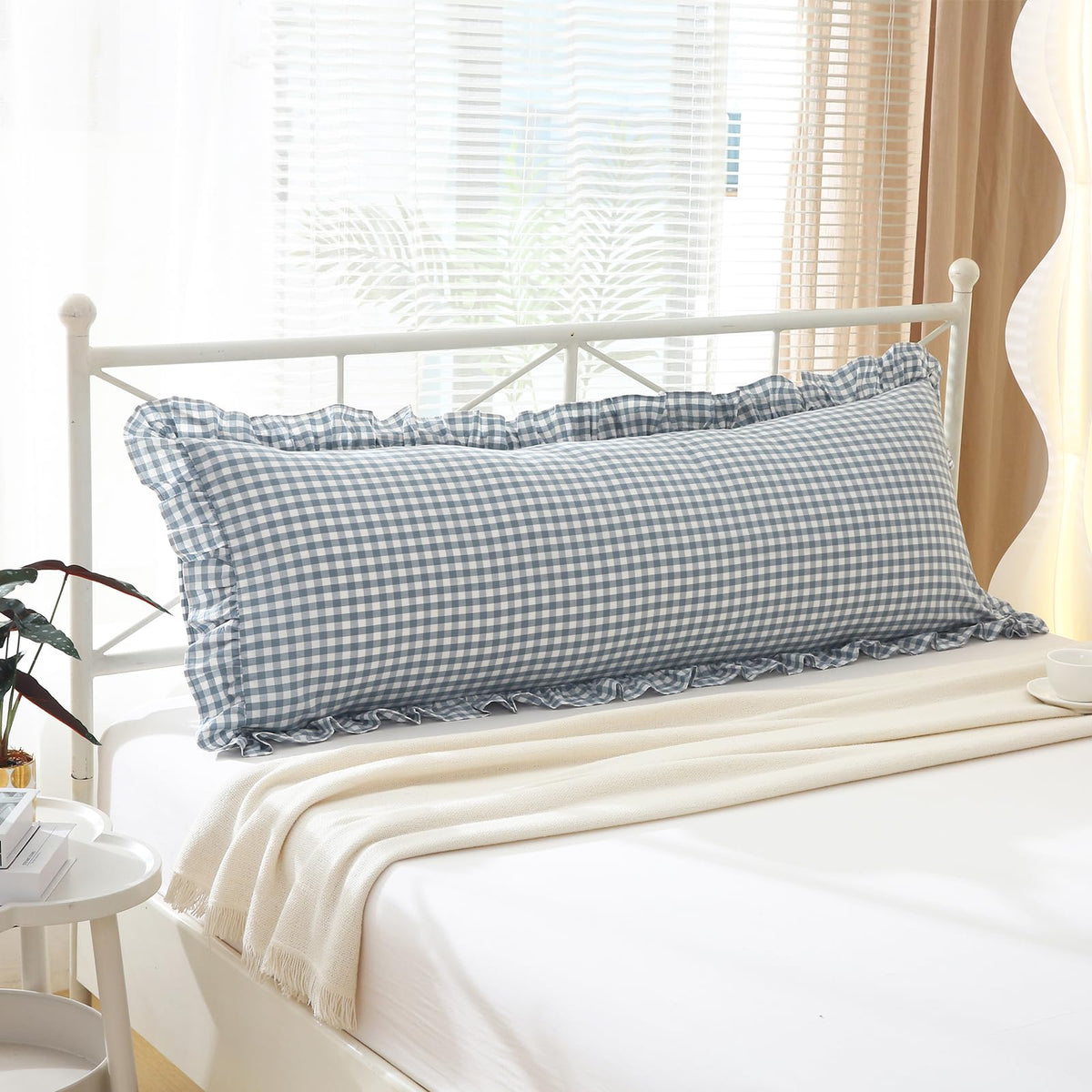 2 Pack Taupe White Gingham Ruffle Throw Pillow Covers 18''x18''