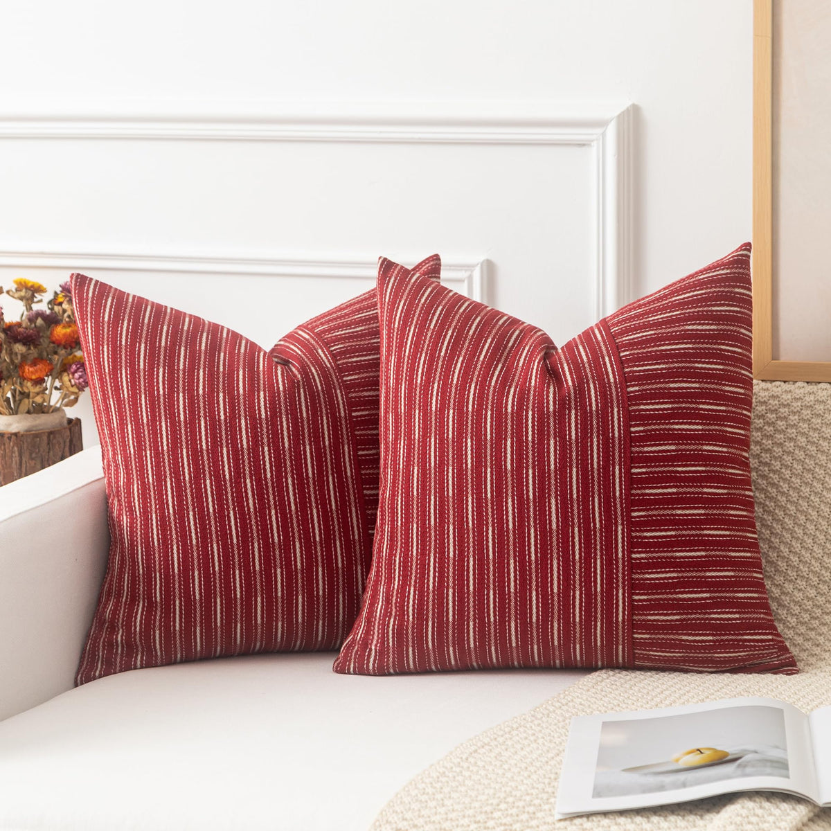 Kevin Textile Valentines Farmhouse Decorative Throw Pillow Covers Boho Woven Texture Burlap Linen Cushion Cover Striped Pillowcase, Wine Red 18 x 18 inches Pack of 2