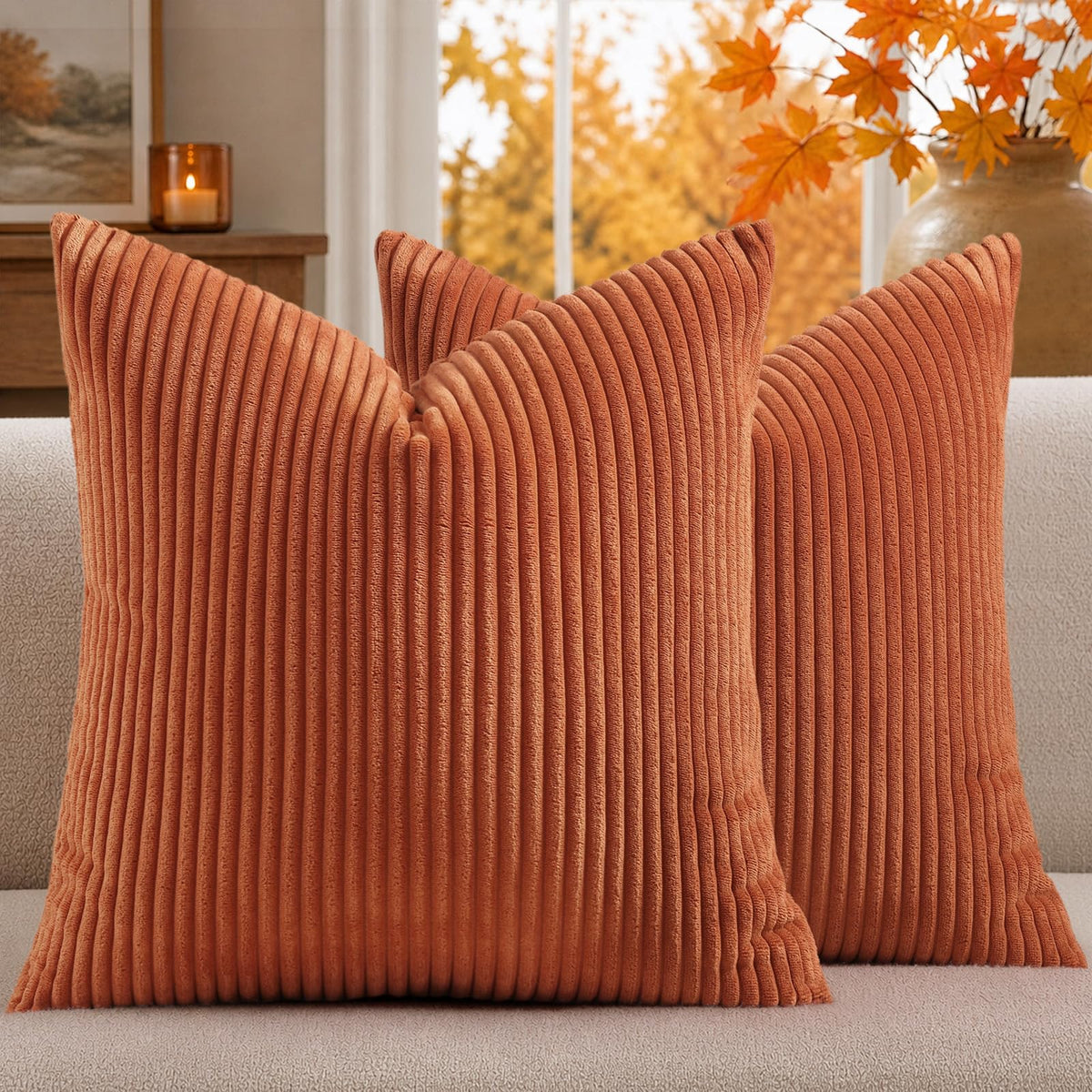 Mecatny Corduroy Fall Throw Pillow Covers 18x18 Set of 2 Cream White
