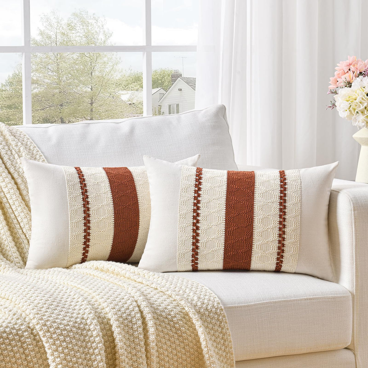 Fancy Homi Set of 2 Boho Olive Green Decorative Throw Pillow Cover 18x18 Inch for Couch Bed Sofa, Aesthetic Modern Organic Farmhouse Home Decor, Soft Cotton Cute Accent Macrame Woven Cushion Case