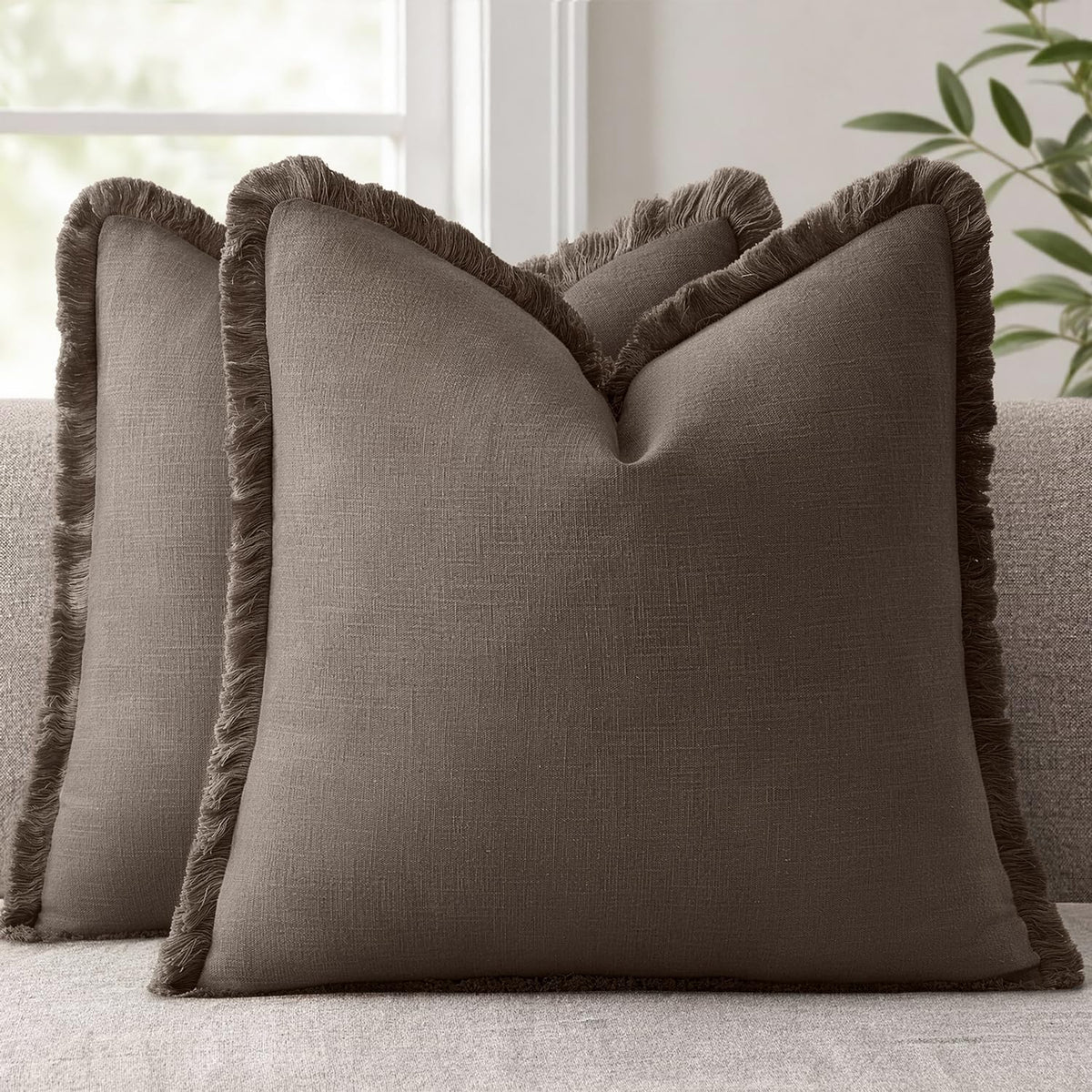 ANRODUO Decorative Linen Fringe Pillow Covers 18×18 Inch Sage Green 2 Pack