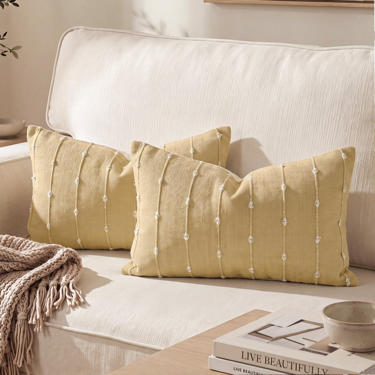 AVOIN colorlife Beige Black Boho Linen Throw Pillow Covers 18x18 Inch 2PC