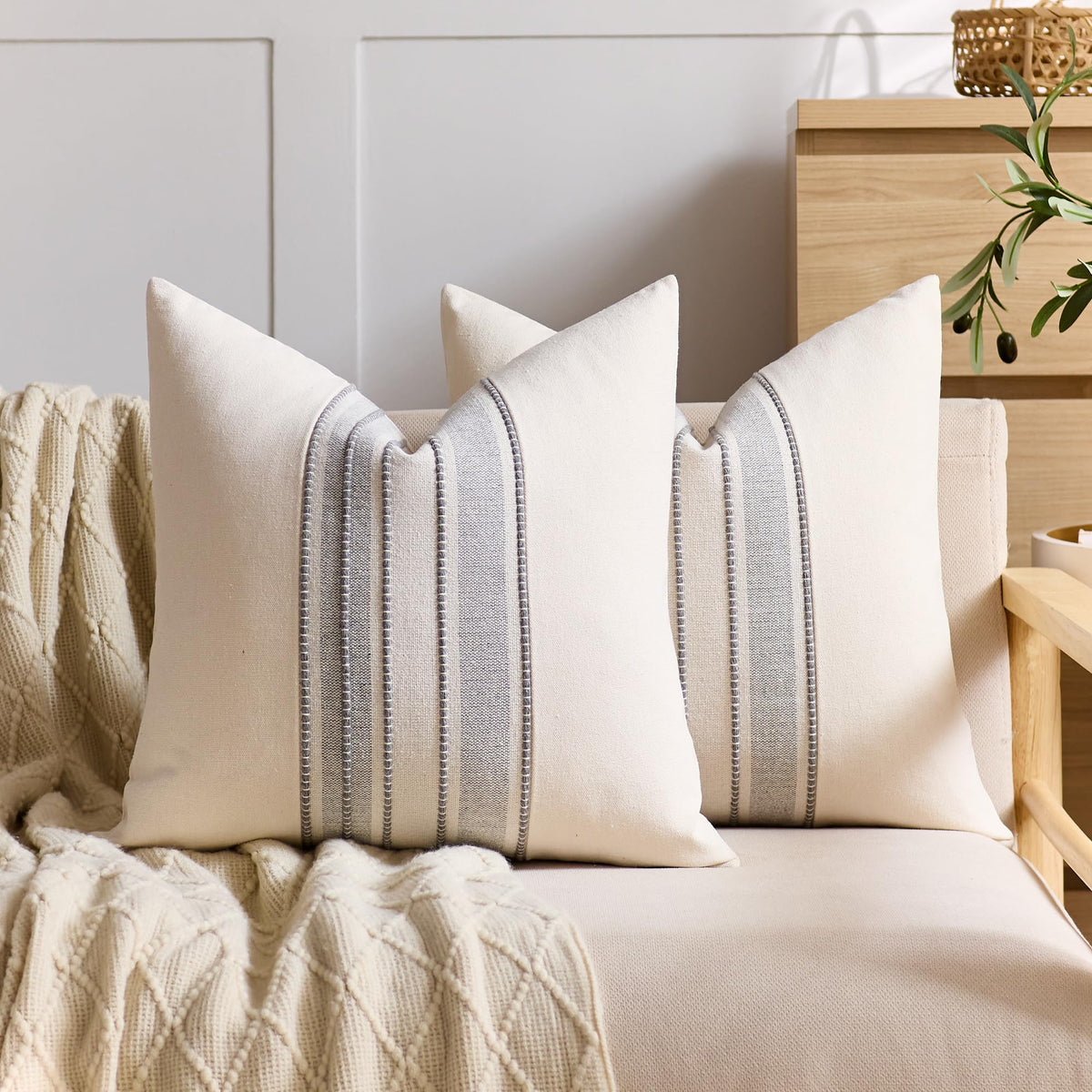 KINDREX Striped Linen Decorative Throw Pillow Covers 18x18 Navy Blue