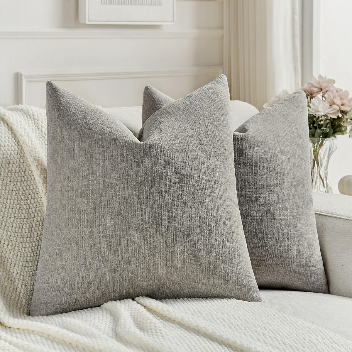 FUTEI Pack of 2 Faux Linen Throw Pillow Covers 18x18 Inch,Light Grey