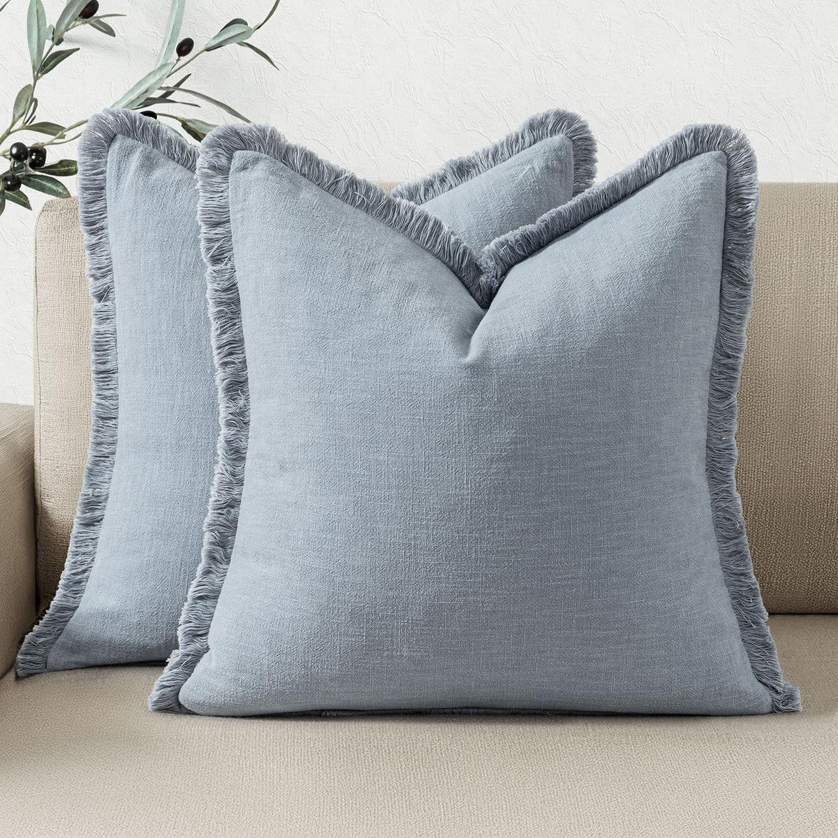 Linen Fringe Throw Pillow Covers 20x20 Inch Set of 2,Navy Blue