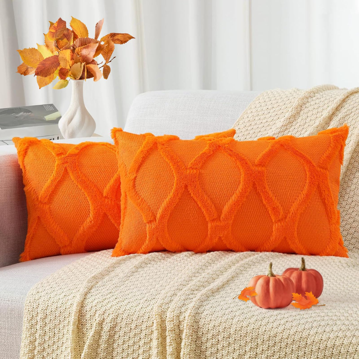 decorUhome Fall Throw Pillow Covers 18x18 Inch Set of 2, Soft Plush Faux Fur Wool Rust Couch Pillow Covers, Decorative Neutral Pillow Cases for Bed Sofa Living Room Home Decor