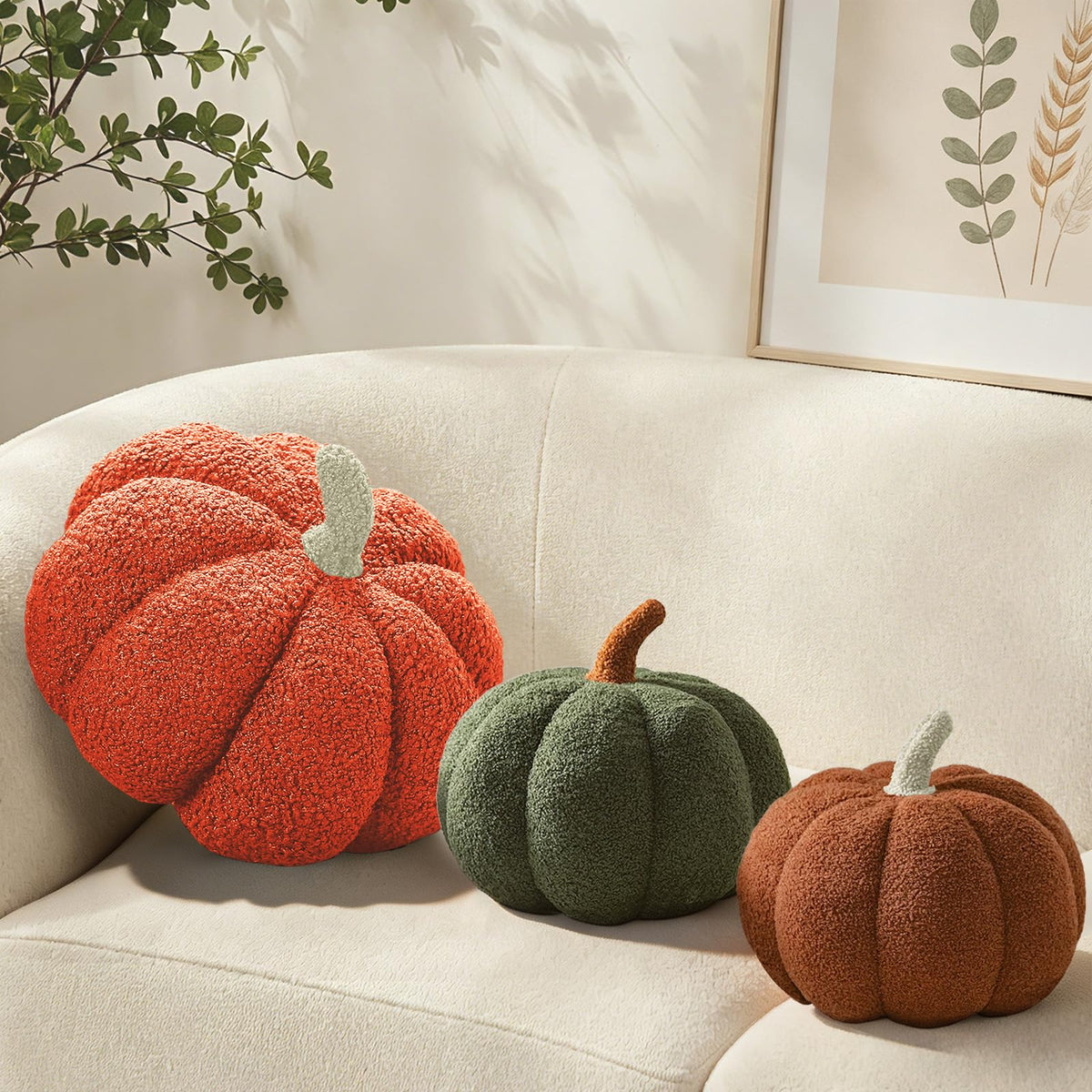 Pumpkin Pillows Fall Decor Dark Green Plush Sherpa Pumpkin Decor Pillow for Couch Bed Home Halloween Thanksgiving Party,11.02 inch