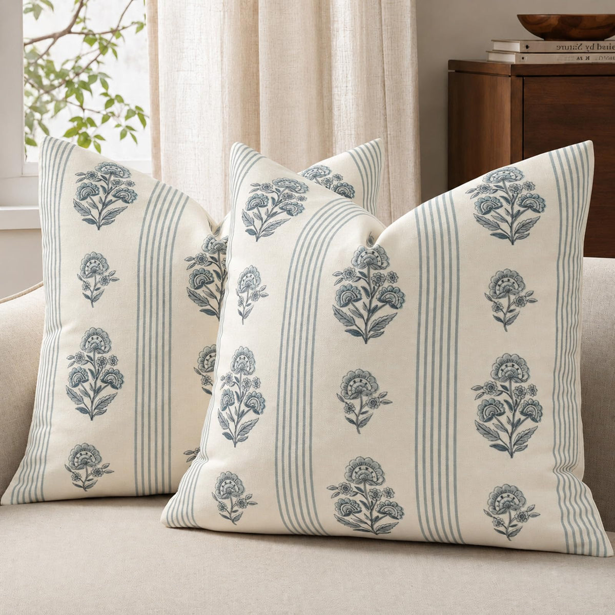 Vintage Throw Pillow Covers 20x20 Set of 2, Striped Floral Fall Pillow Cover Botanical Patterned Decorative Cushion Covers Modern Farmhouse Fall Decor for Sofa Couch Bed Living Room