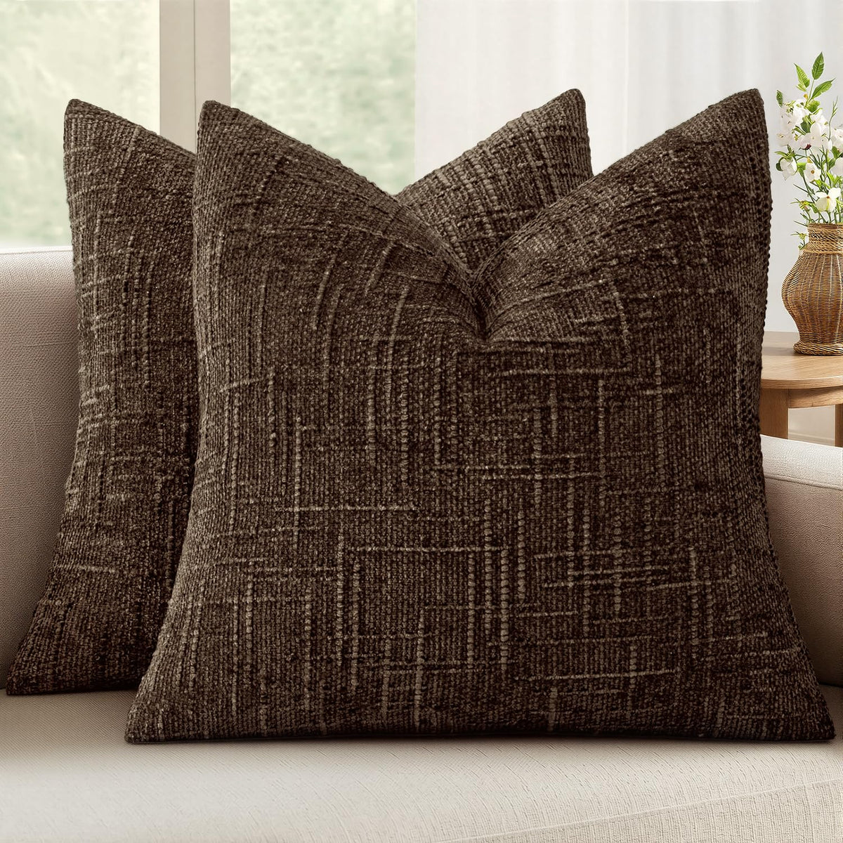 MIULEE Chenille Textured Throw Pillow Covers Cream White 18x18 Set of 2