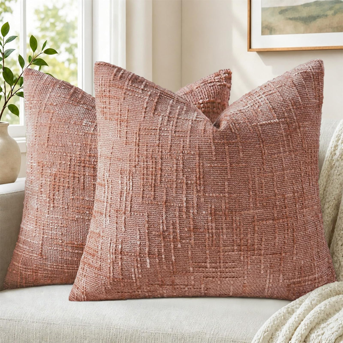 Pallene Cream White Textured Chenille Throw Pillow Covers 18x18 Set of 2