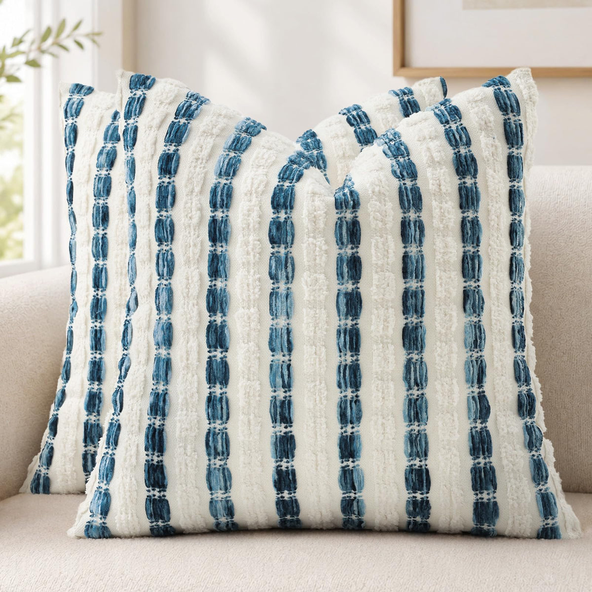 decorUhome Chenille Tufted Stripe Throw Pillow Covers 18x18 Set of 2 Green