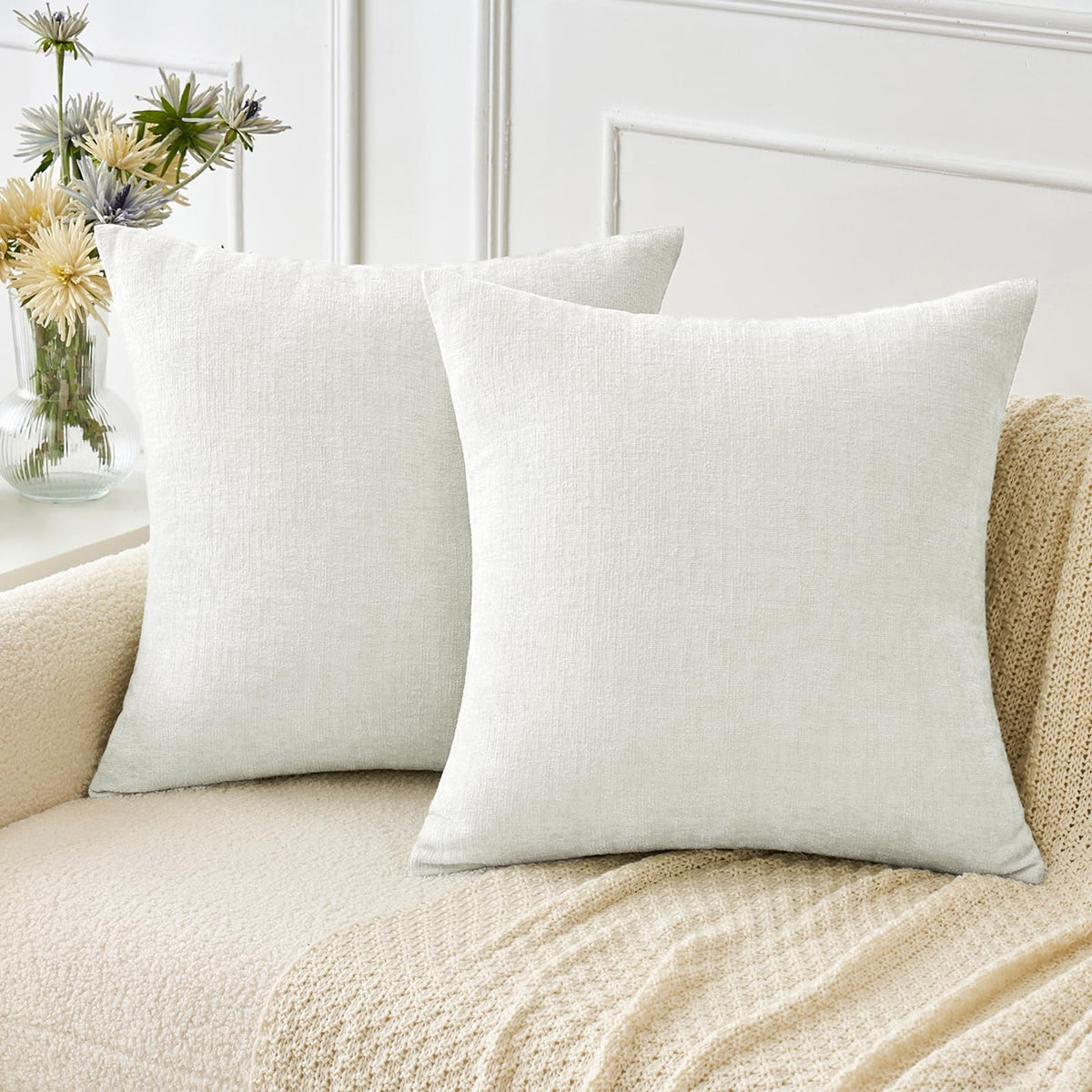 MIULEE Soft Chenille Throw Pillow Covers Green 18x18 Inch Pack of 2