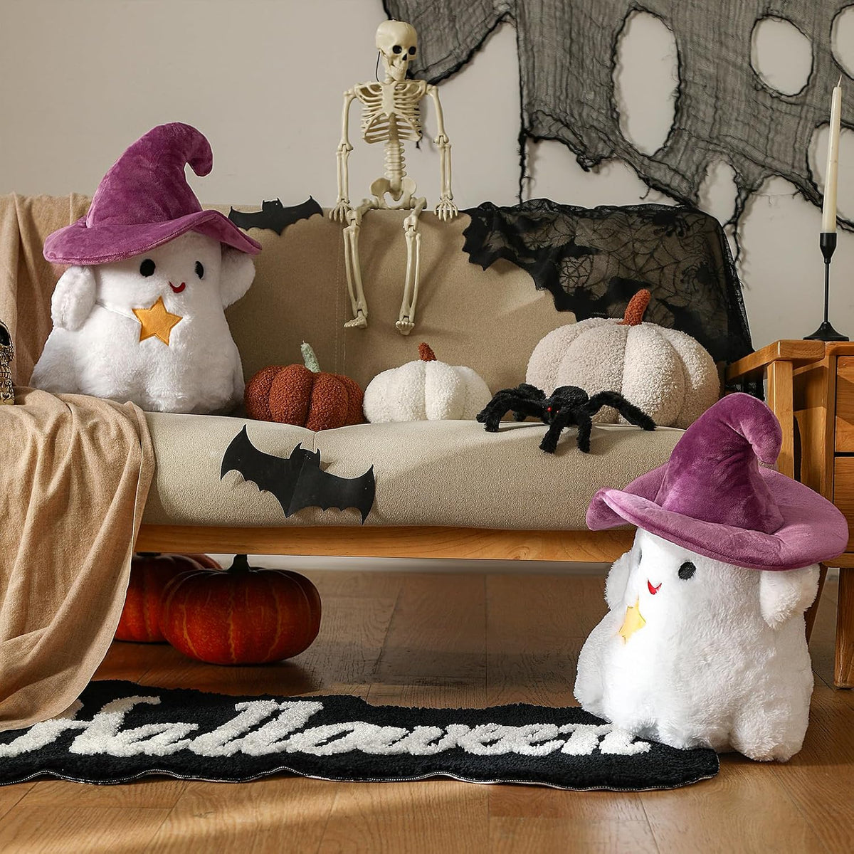 YRXRUS Ghost Pillows, Halloween Ghost Shaped Throw Pillows, Boo Purple Witch Hat Pillow Halloween Decor Gifts, 13x17 Inches Soft Faux Rabbit Fur Cushion