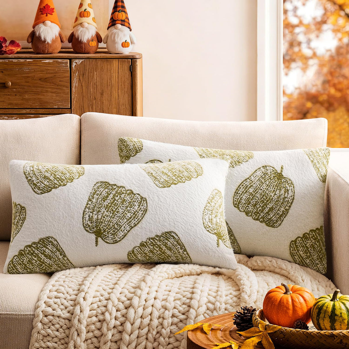Throw Pillow Covers Set of 2 18x18 White Pumpkins Fall Camel Covers, Soft Faux Decorative Yellow Covers for Couch Sofa Bed Living Room, Farmhouse Home Boho Decor
