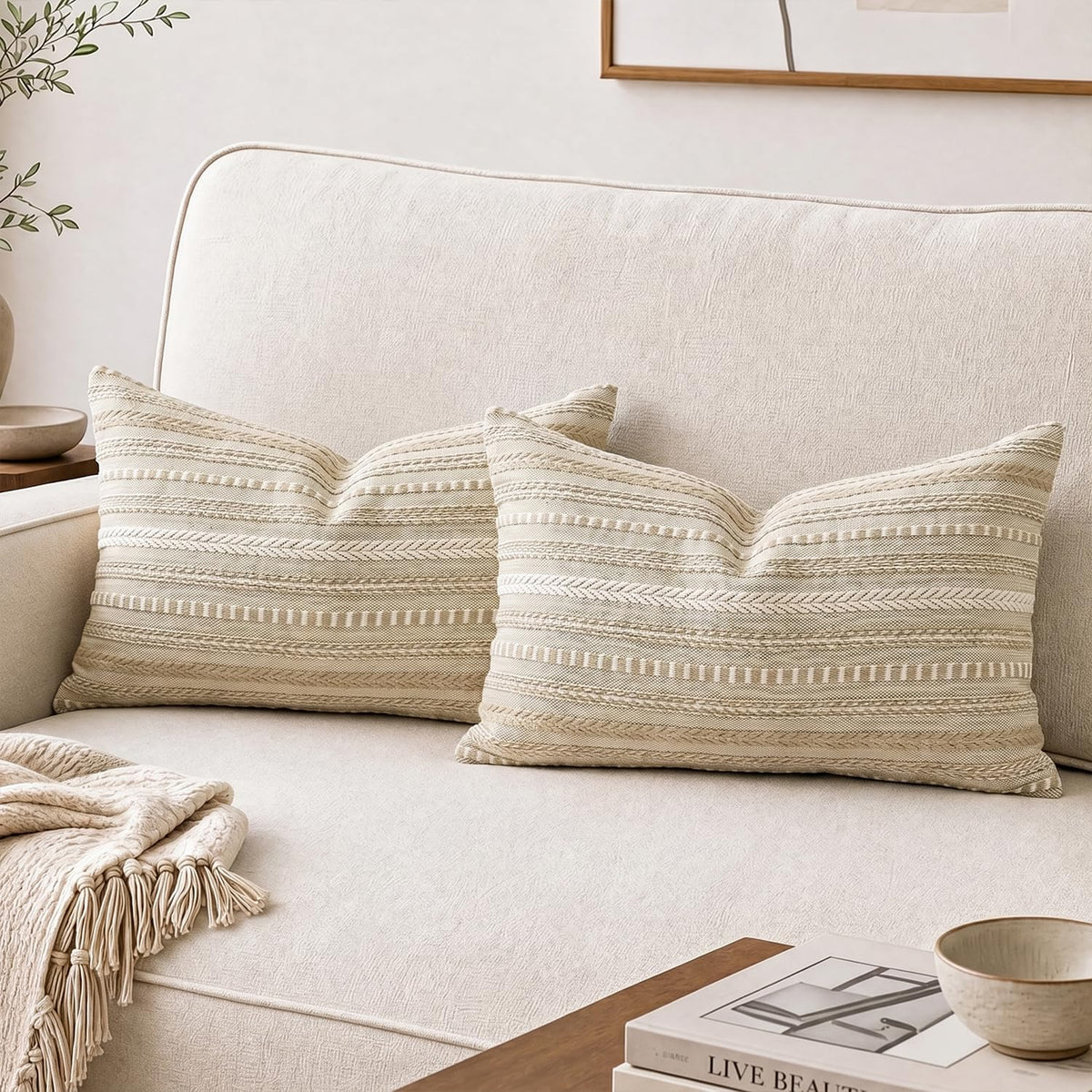 AVOIN colorlife Black Boho Decorative Throw Pillow Covers Set of 2, 18 x 18 Inch Woven Stripe Textured Rustic Cushion Case Home Decor for Living Room Couch Sofa