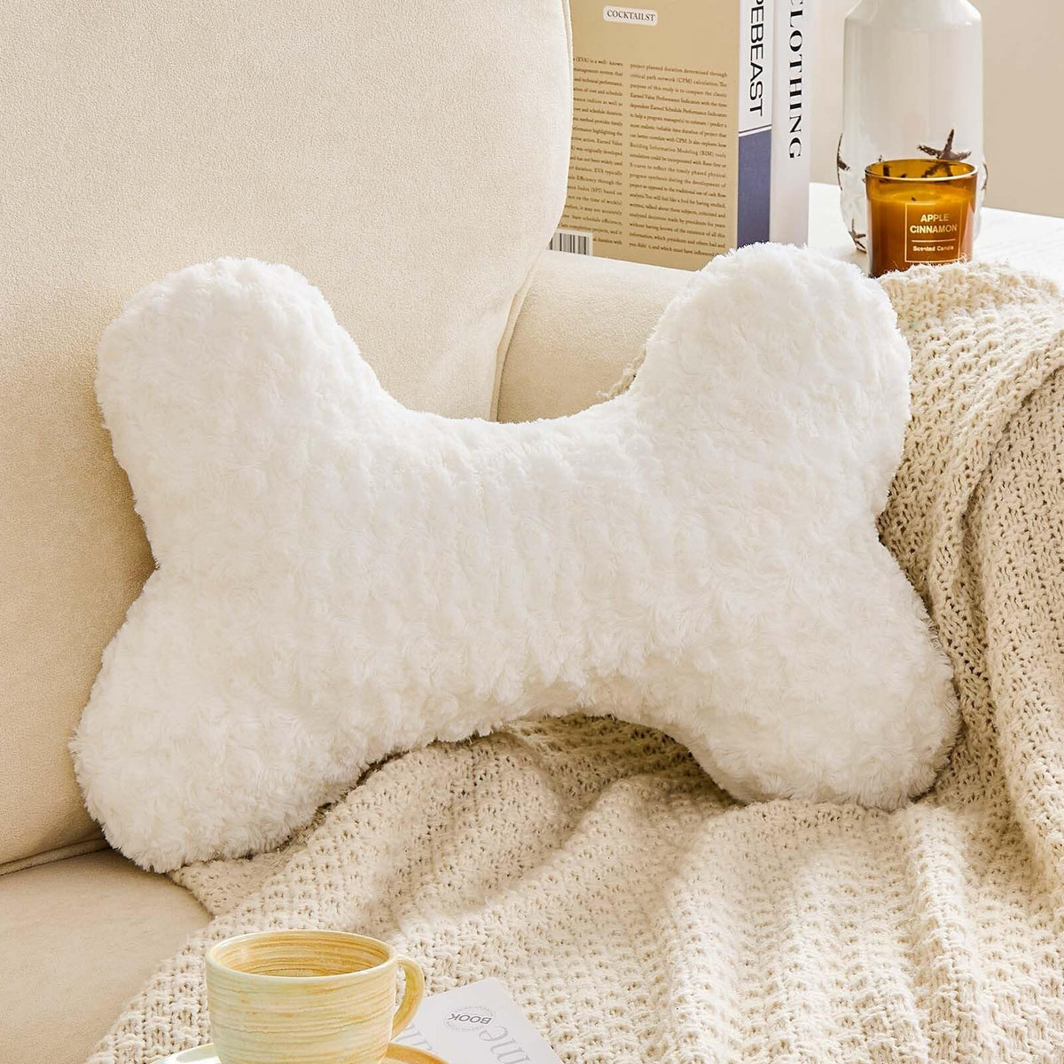 Bone Pillow Cute Bone Shaped Decorative Throw Pillows Aesthetic Home Decor Pillow Pet Pillow Plush Cushion for Bed (Cream, 15 Inch)