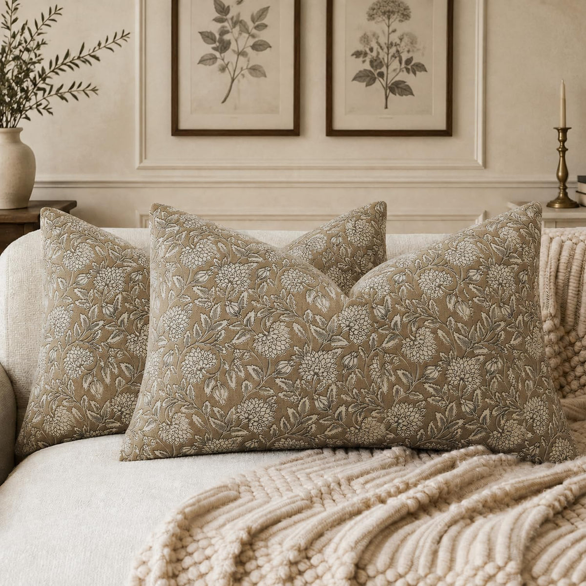Vintage Floral Pillow Covers 18x18 Set of 2, Dahlia Botanical Block Print Style Pillow Cover Polycotton Cushion Case, Farmhouse Decor Throw Pillow for Sofa Couch Bedroom Home, Warm Brown