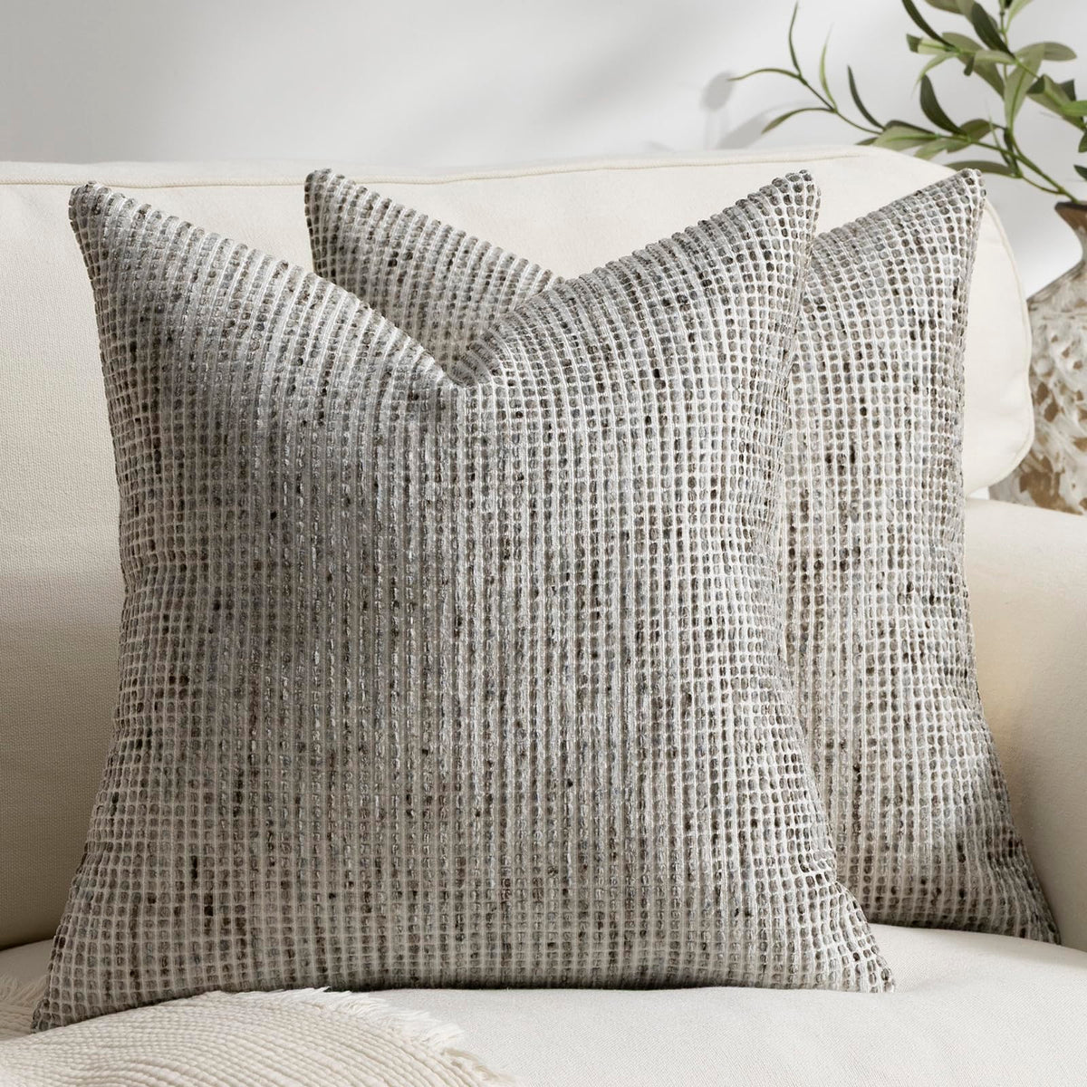 Pack of 2 Neutral Throw Pillow Covers 18x18 Boho Textured Dots Stripe Chenille Square Decorative Pillow Cases Accents for Living Room Couch Bed Farmhouse Home Decor, Taupe