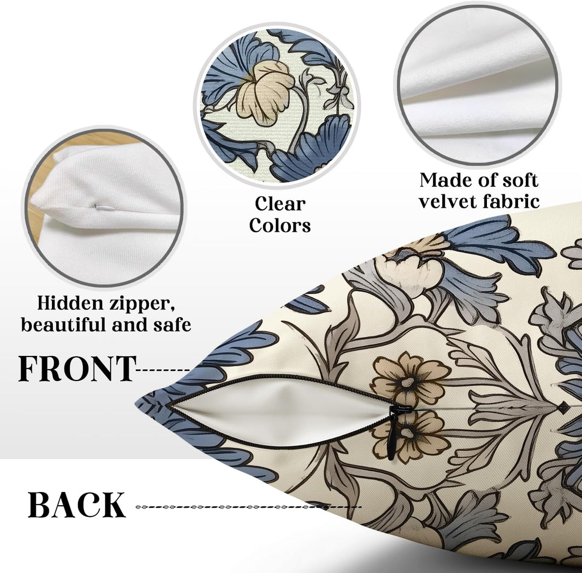 Vintage Blue Floral Throw Pillow Covers 18x18inch,William Morris Inspired Botanical Art Decorative Pillowcase Cushion Cover for Sofa Living Room Bed,Square Home Decor