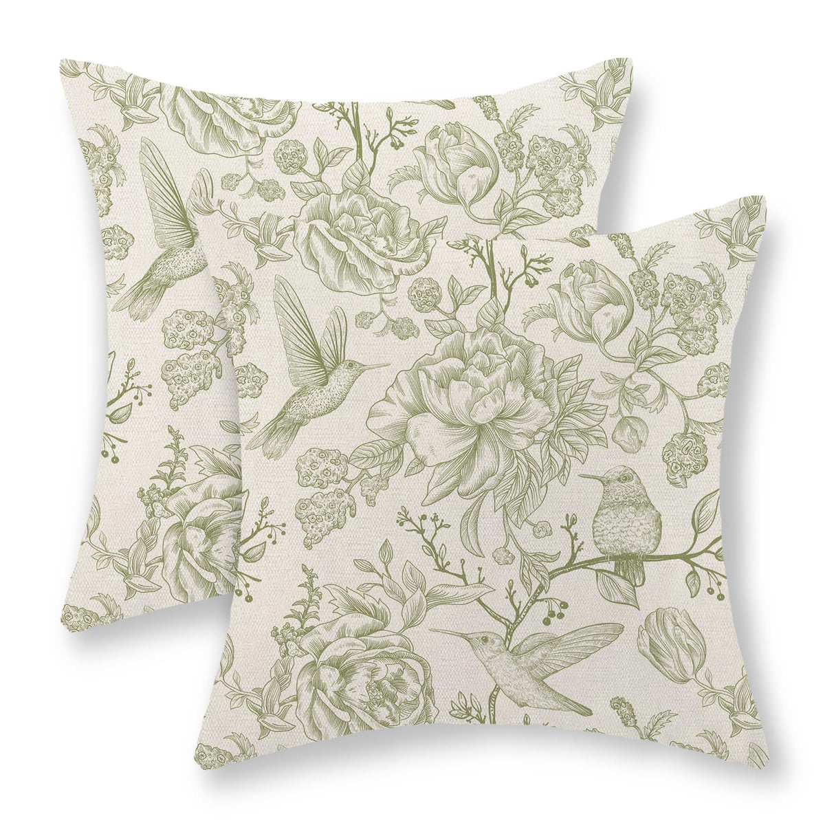 Sage Green Pillow Covers 18x18 Set of 2 Light Green Chinoiserie Bird Floral Throw Pillows Outdoor Decor Vintage Hummingbird Flower Pillow Cases Linen Decorative Cushion Cover for Couch Sofa