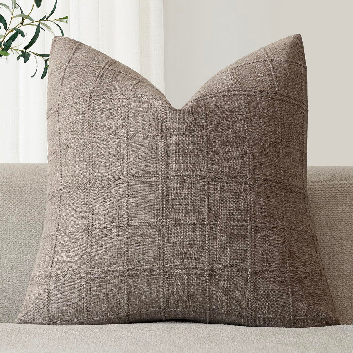 Foindtower Set of 1 Decorative Linen Check Throw Pillow Cover Neutral Farmhouse Lumbar Cushion Cover Modern Boho Home Decor for Sofa Chair Couch Bedroom Living Room,12×20 Inch,Olive Green